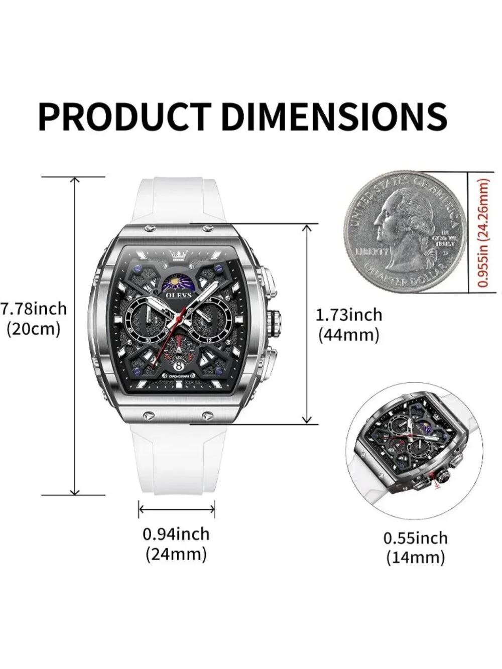 Men's White Black Chronograph Waterproof Rectangle Moon Phase Luminous Watch